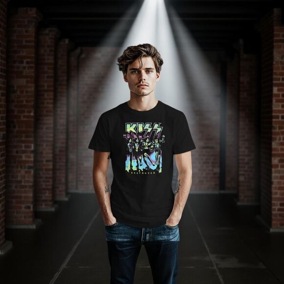 Unisex Kiss Psychedelic Destroyer Neon Short Sleeve Graphic T Shirt Size Medium - Picture 1 of 4